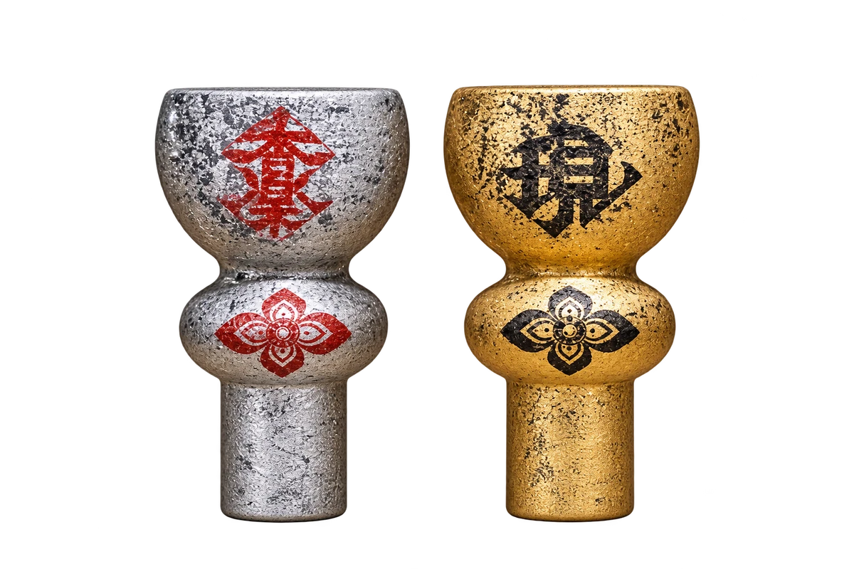 銀箔をあしらった香楽ロゴの銀モデルと、金箔をあしらった現ロゴの金モデル